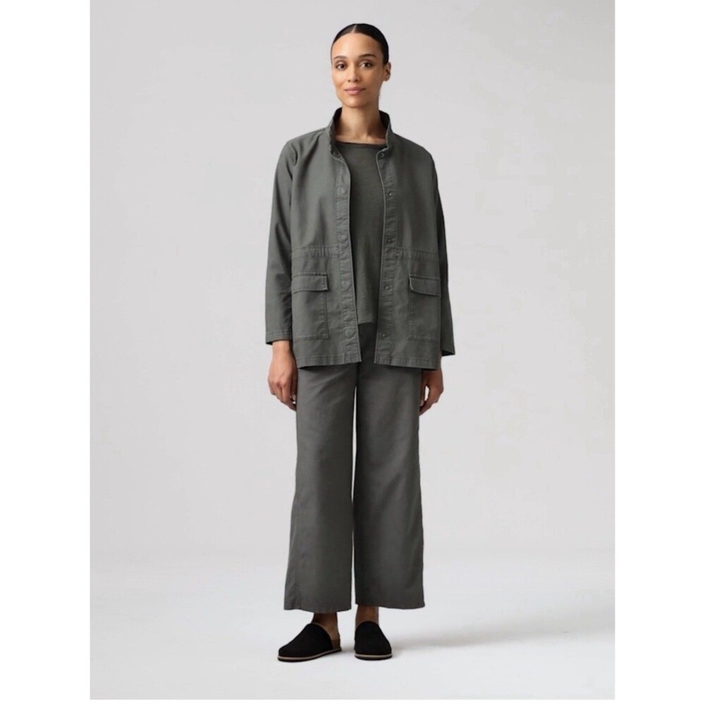 Eileen Fisher White Grey Hemp Stretch Stand Collar Jacket XL